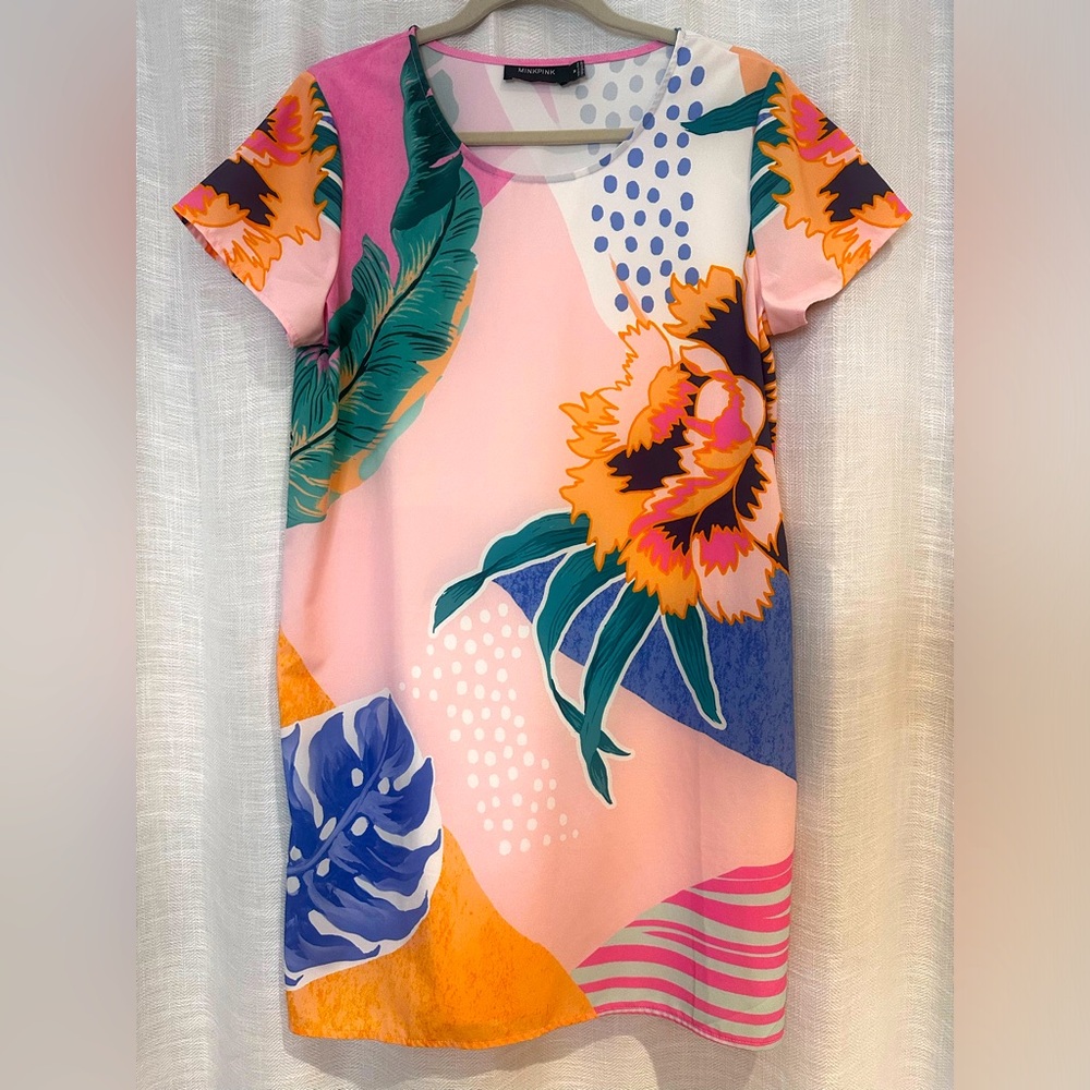 MinkPink Revolve women’s printed short sleeve tunic dress, size M